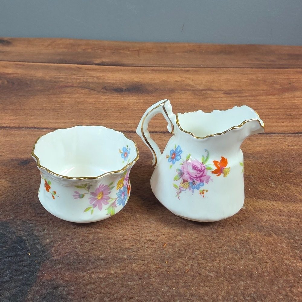 Hammersley & Co Creamer Sugar Set Bone China White Floral Excellent England